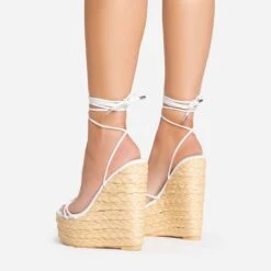 EGO Escape-Away Lace Up Woven Platform Wedge Heel In White Faux Leather -EGO Sales 15 02 23 fw63612 sb