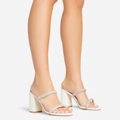 EGO Garland Double Diamante Strap Square Toe Block Heel Mule In White Faux Leather