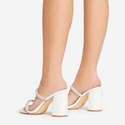 EGO Garland Double Diamante Strap Square Toe Block Heel Mule In White Faux Leather -EGO Sales 15 02 23 fw64213 sb