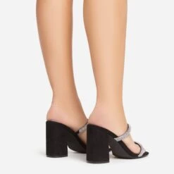 EGO Garland Double Diamante Strap Square Toe Block Heel Mule In Black Faux Leather -EGO Sales 15 02 23 fw64218 sb
