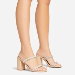 EGO Garland Double Diamante Strap Square Toe Block Heel Mule In Nude Faux Leather