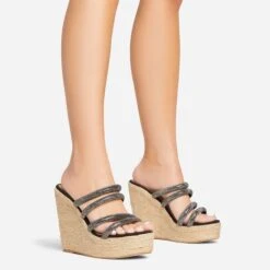 EGO Bali Diamante Strap Detail Woven Platform Wedge Heel Mule In Black Faux Suede