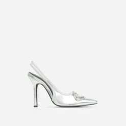 EGO Interlocking Diamante Detail Pointed Toe Slingback Court Heel In Silver Faux Leather -EGO Sales 15 03 23 abi70405 sq