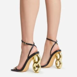 EGO Farah Ankle Strap Square Toe Gold Chain Heel In Black Faux Leather -EGO Sales 15 06 22 fw12734