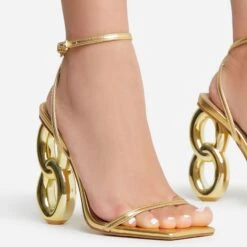 EGO Farah Ankle Strap Square Toe Gold Chain Heel In Gold Faux Leather -EGO Sales 15 06 22 fw12737