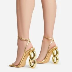 EGO Farah Ankle Strap Square Toe Gold Chain Heel In Gold Faux Leather -EGO Sales 15 06 22 fw12738