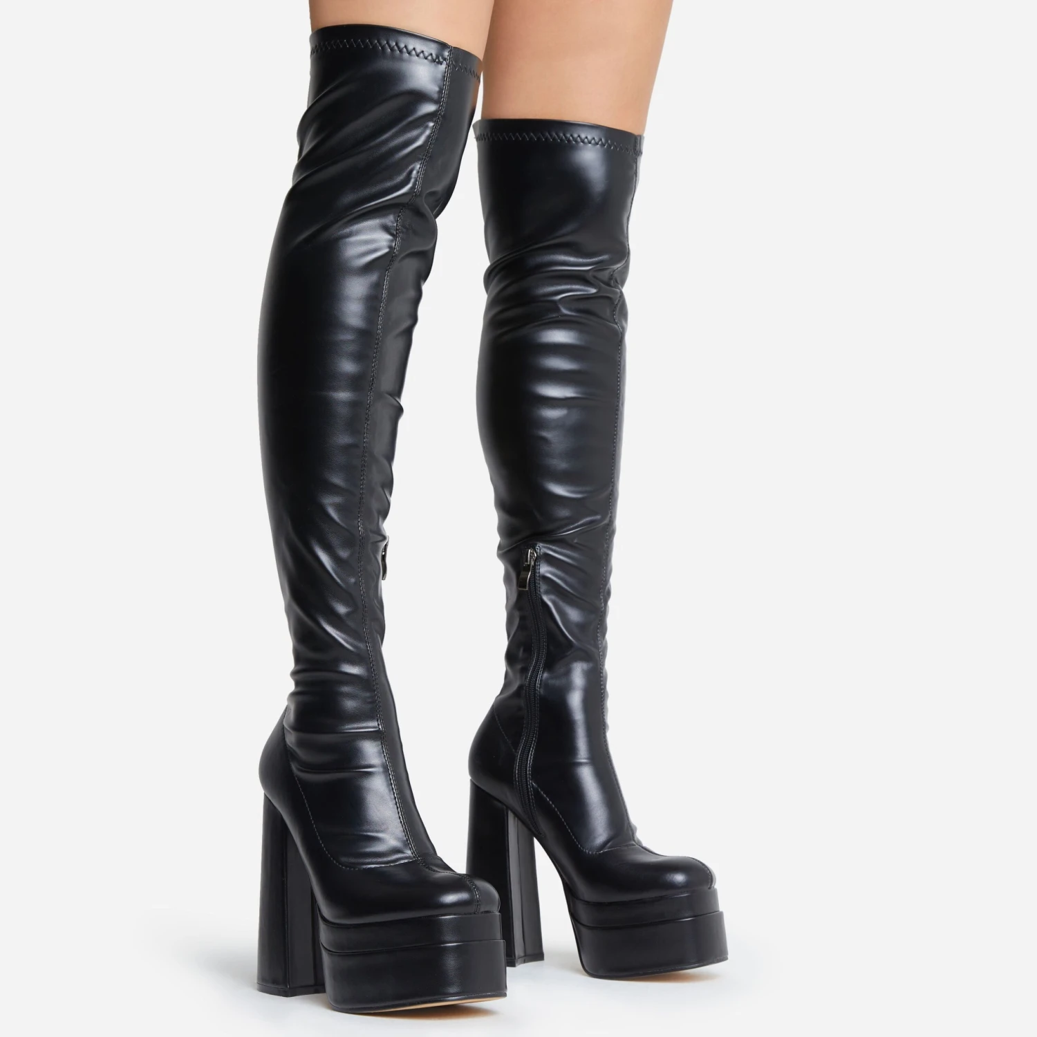 EGO Best-Nights Square Toe Extreme Platform Block Heel Over The Knee Thigh High Boot In Black Faux Leather 3 EGO Best-Nights Square Toe Extreme Platform Block Heel Over The Knee Thigh High Boot In Black Faux Leather
