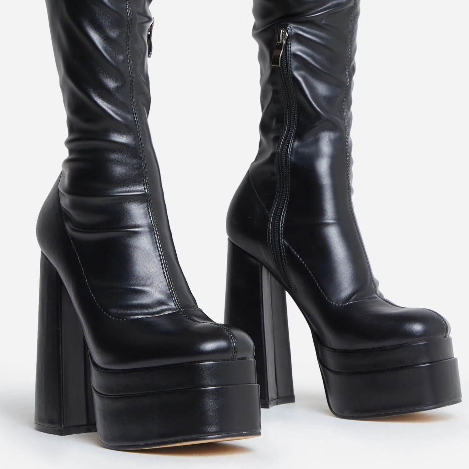 EGO Best-Nights Square Toe Extreme Platform Block Heel Over The Knee Thigh High Boot In Black Faux Leather 4 EGO Best-Nights Square Toe Extreme Platform Block Heel Over The Knee Thigh High Boot In Black Faux Leather - Image 2