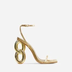 EGO Farah Ankle Strap Square Toe Gold Chain Heel In Gold Faux Leather