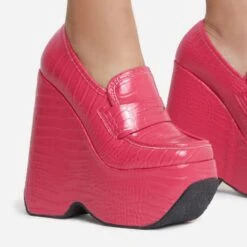 EGO A-New-Day Closed Square Toe Platform Wedge Loafer Heel In Pink Croc Print Faux Leather -EGO Sales 15 06 22 fw12937