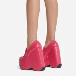 EGO A-New-Day Closed Square Toe Platform Wedge Loafer Heel In Pink Croc Print Faux Leather -EGO Sales 15 06 22 fw12939