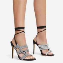 EGO No-Strings-Attached Lace Up Diamante Knotted Strap Detail Square Toe Stiletto Heel In Black Faux Leather