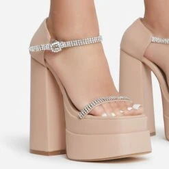 EGO Peggie Diamante Strap Open Square Toe Extreme Platform Block Heel In Nude Faux Leather -EGO Sales 15 06 22 fw12997