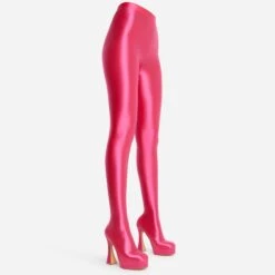 EGO Hypnosis Closed Square Toe Platform Flared Block Heel Long Legging Boot In Pink Lycra