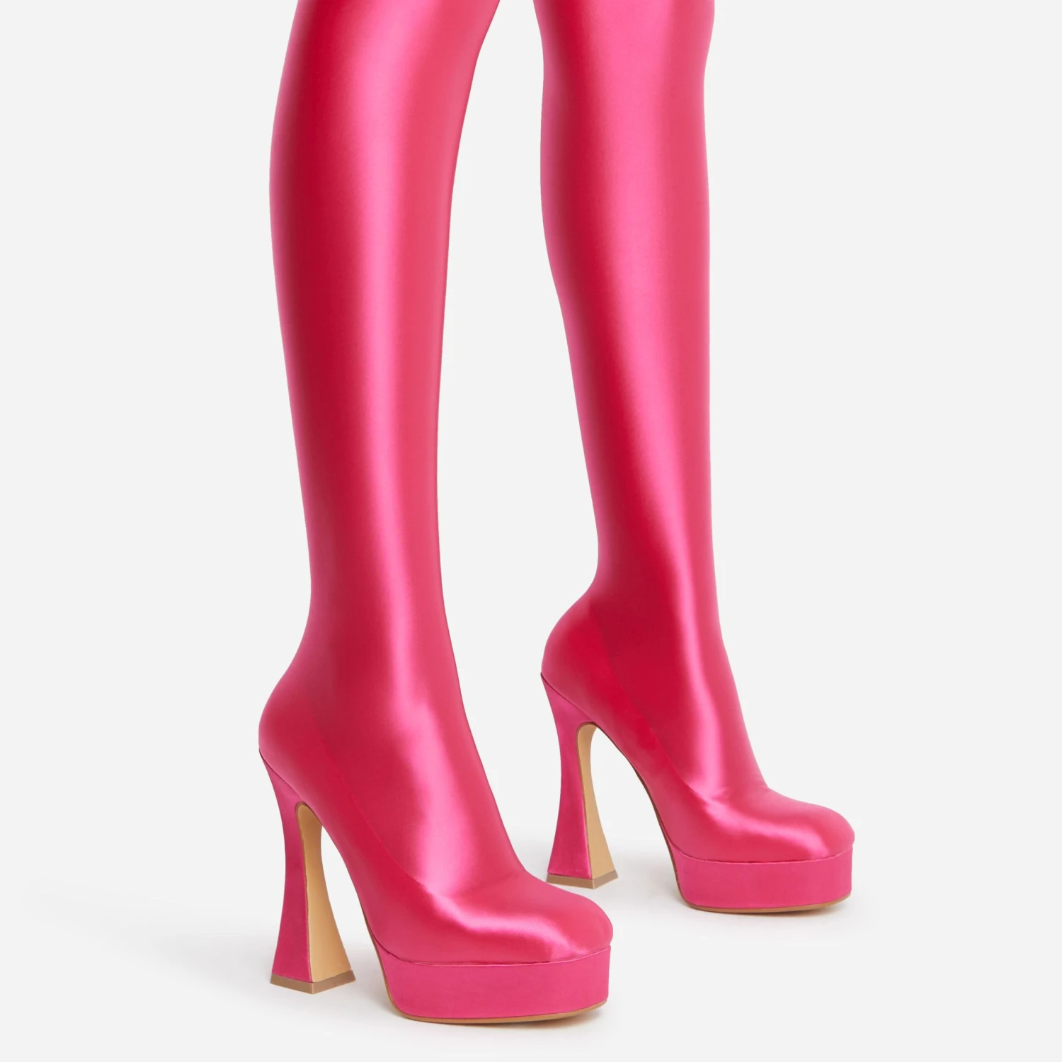EGO Hypnosis Closed Square Toe Platform Flared Block Heel Long Legging Boot In Pink Lycra 4 EGO Hypnosis Closed Square Toe Platform Flared Block Heel Long Legging Boot In Pink Lycra - Image 2