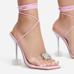 EGO Shine-Bright Lace Up Gem Detail Square Toe Clear Perspex Statement Heel In Pink Faux Leather -EGO Sales 15 06 22 fw13042