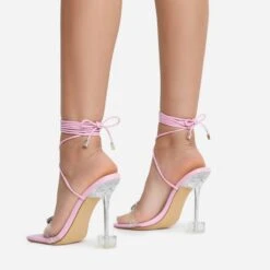 EGO Shine-Bright Lace Up Gem Detail Square Toe Clear Perspex Statement Heel In Pink Faux Leather -EGO Sales 15 06 22 fw13043