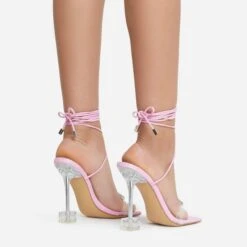 EGO Shine-Bright Lace Up Gem Detail Square Toe Clear Perspex Statement Heel In Pink Faux Leather -EGO Sales 15 06 22 fw13045