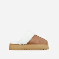 EGO Sugar Faux Fur Trim Platform Slipper In Chestnut Brown Faux Suede