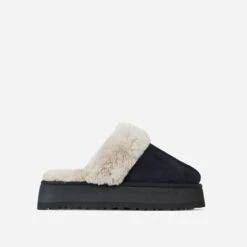 EGO Sugar Faux Fur Trim Platform Slipper In Black Faux Suede