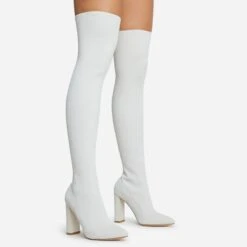 EGO Only-Fans Block Heel Over The Knee Thigh High Long Sock Boot In Cream Nude Ribbed Knit