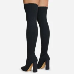 EGO Only-Fans Block Heel Over The Knee Thigh High Long Sock Boot In Black Ribbed Knit -EGO Sales 16 08 22 fw12512
