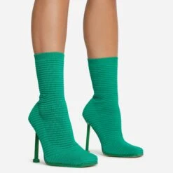 EGO Creamer Square Toe Stiletto Heel Ankle Sock Boot In Green Ribbed Knit