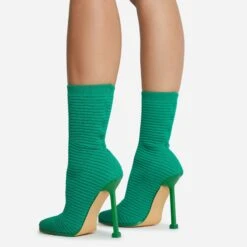 EGO Creamer Square Toe Stiletto Heel Ankle Sock Boot In Green Ribbed Knit -EGO Sales 16 08 22 fw12526