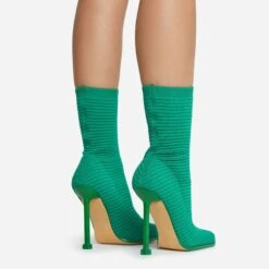 EGO Creamer Square Toe Stiletto Heel Ankle Sock Boot In Green Ribbed Knit -EGO Sales 16 08 22 fw12527