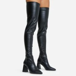EGO No-Questions Pointed Toe Statement Block Heel Over The Knee Thigh High Long Boot In Black Faux Leather