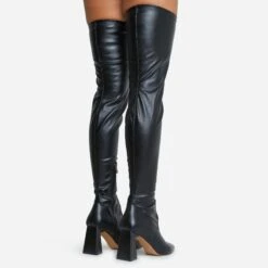 EGO No-Questions Pointed Toe Statement Block Heel Over The Knee Thigh High Long Boot In Black Faux Leather -EGO Sales 16 08 22 fw12576 copy