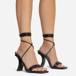 EGO Move-On Lace Up Square Toe Curved Chain Link Heel In Black Faux Leather