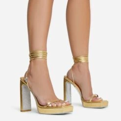 EGO In-The-Game Lace Up Diamante Butterfly Detail Silver Glitter Sole Square Toe Platform Thin Block Heel In Gold Faux Leather