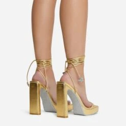 EGO In-The-Game Lace Up Diamante Butterfly Detail Silver Glitter Sole Square Toe Platform Thin Block Heel In Gold Faux Leather -EGO Sales 16 08 22 fw12644