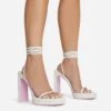 EGO In-The-Game Lace Up Diamante Butterfly Detail Pink Sole Square Toe Platform Thin Block Heel In Cream Nude Faux Leather