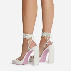 EGO In-The-Game Lace Up Diamante Butterfly Detail Pink Sole Square Toe Platform Thin Block Heel In Cream Nude Faux Leather -EGO Sales 16 08 22 fw12647