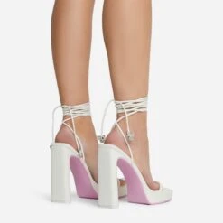 EGO In-The-Game Lace Up Diamante Butterfly Detail Pink Sole Square Toe Platform Thin Block Heel In Cream Nude Faux Leather -EGO Sales 16 08 22 fw12648