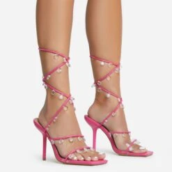 EGO Charmed Lace Up Clear Gem Detail Square Toe Stiletto Heel In Pink Faux Leather