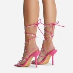 EGO Charmed Lace Up Clear Gem Detail Square Toe Stiletto Heel In Pink Faux Leather -EGO Sales 16 08 22 fw12717 copy