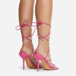 EGO Charmed Lace Up Clear Gem Detail Square Toe Stiletto Heel In Pink Faux Leather -EGO Sales 16 08 22 fw12718 copy