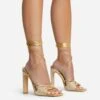 EGO Keep-Dancing Lace Up Diamante Detail Square Toe Thin Block Heel In Gold Faux Leather