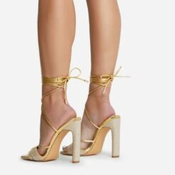 EGO Keep-Dancing Lace Up Diamante Detail Square Toe Thin Block Heel In Gold Faux Leather -EGO Sales 16 08 22 fw12738 copy