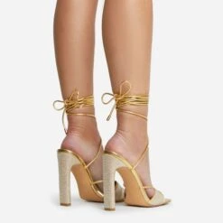 EGO Keep-Dancing Lace Up Diamante Detail Square Toe Thin Block Heel In Gold Faux Leather -EGO Sales 16 08 22 fw12739 copy