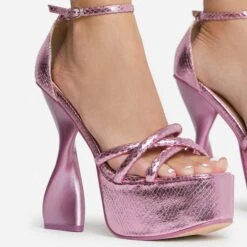 EGO Sweetner Strappy Open Toe Platform Twisted Statement Heel In Pink Metallic Croc Print Faux Leather -EGO Sales 16 08 22 fw12804 copy