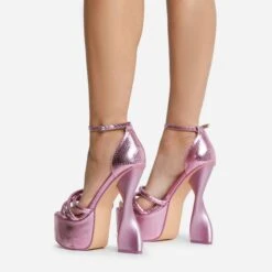 EGO Sweetner Strappy Open Toe Platform Twisted Statement Heel In Pink Metallic Croc Print Faux Leather -EGO Sales 16 08 22 fw12805 copy