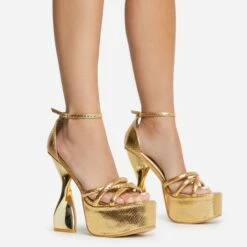 EGO Sweetner Strappy Open Toe Platform Twisted Statement Heel In Gold Metallic Croc Print Faux Leather -EGO Sales 16 08 22 fw12807 copy