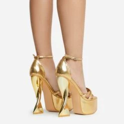 EGO Sweetner Strappy Open Toe Platform Twisted Statement Heel In Gold Metallic Croc Print Faux Leather -EGO Sales 16 08 22 fw12810 copy