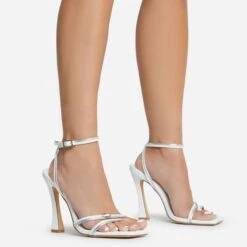 EGO Certified Silver Metallic Detail Square Toe Flared Block Heel In White Faux Leather