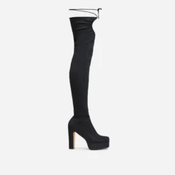 EGO No-Scrubs Lace Up Square Closed Toe Block Heel Over The Knee Thigh High Long Boot In Black Lycra -EGO Sales 16 08 22 fw12937