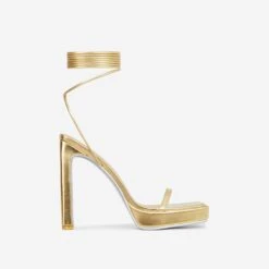 EGO In-The-Game Lace Up Diamante Butterfly Detail Silver Glitter Sole Square Toe Platform Thin Block Heel In Gold Faux Leather -EGO Sales 16 08 22 fw12941
